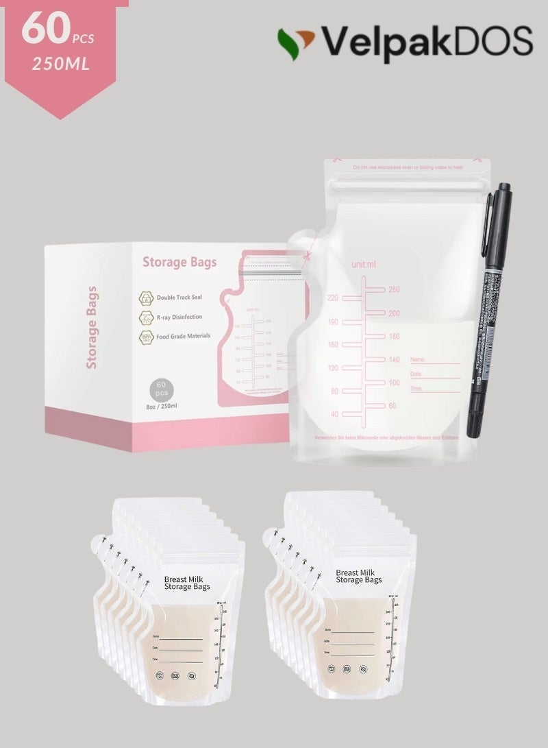 Milk Storage Bags 60 Pcs 250ml Breast Milk Storage Bags Breastmilk Freezer Bags Leak Proof Double Zip Lock BPA Free Pre-Sterilized Disposable Stand Up Milk Storage Pouches for Breast Pumping Baby Feeding Newborn Infant Supplies